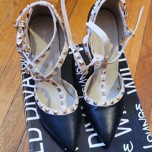 Wild Diva Black and Cream Studded Heels